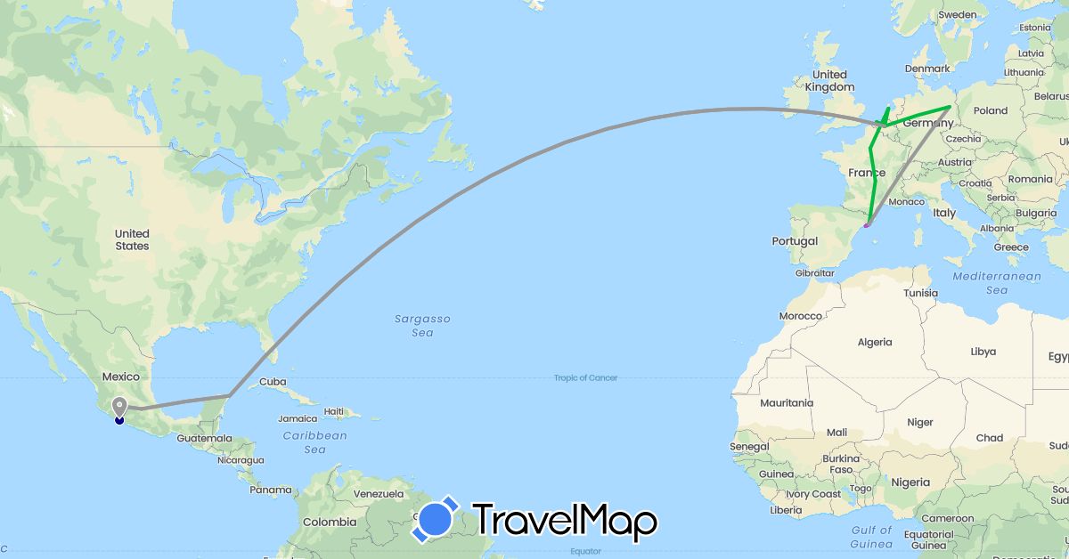 TravelMap itinerary: driving, bus, plane, train in Belgium, Germany, Spain, France, United Kingdom, Mexico, Netherlands (Europe, North America)